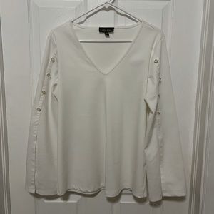 White V Neck Long Sleeve Blouse with Silver Pearl Buttons